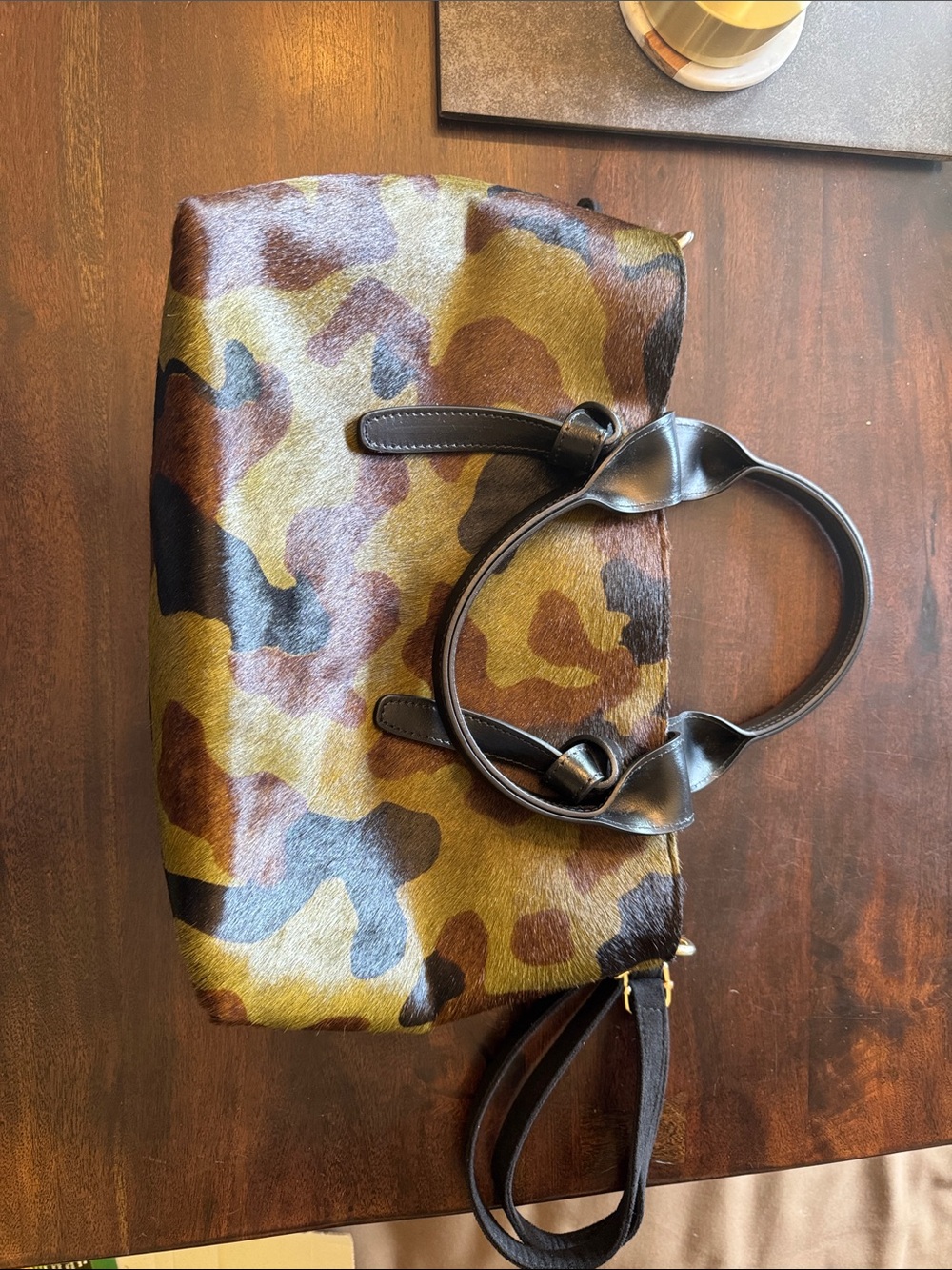 Anthropologie Camo-Print leather- calf hair Shoulder Bag in Olive, Brown & Black